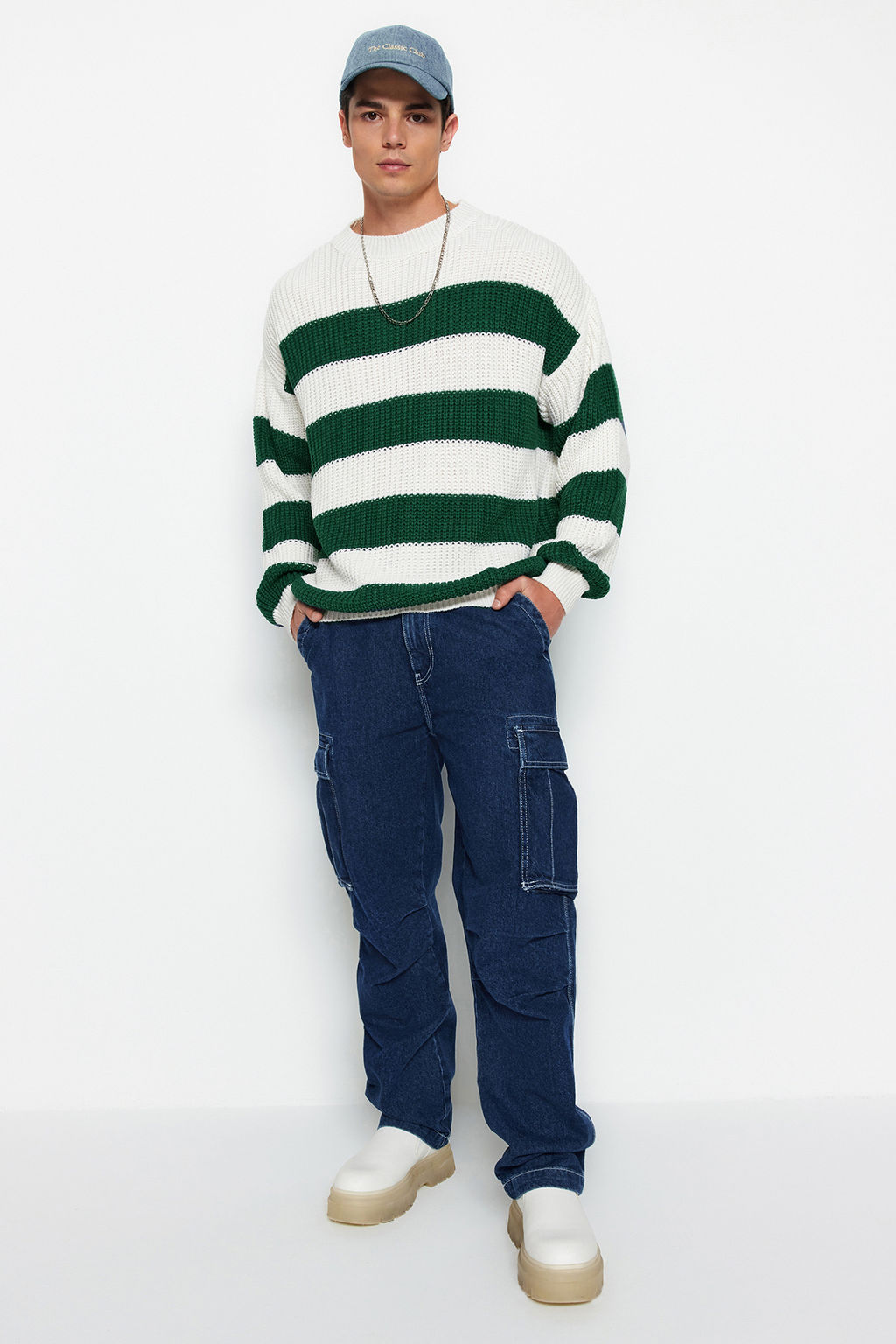 TRENDYOL MAN Koyu Yesil Casual Oversize Fit Genis Kal?p Bisiklet Yaka Cizgili Triko Kazak TMNAW23KZ00106 - Trendyolmilla фото 32