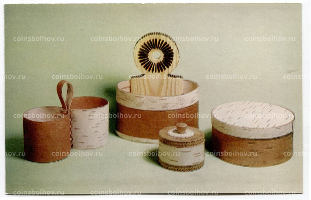 Открытка М.В.Реут Набор для специй.Береста, дерево. Резьба,выжигание