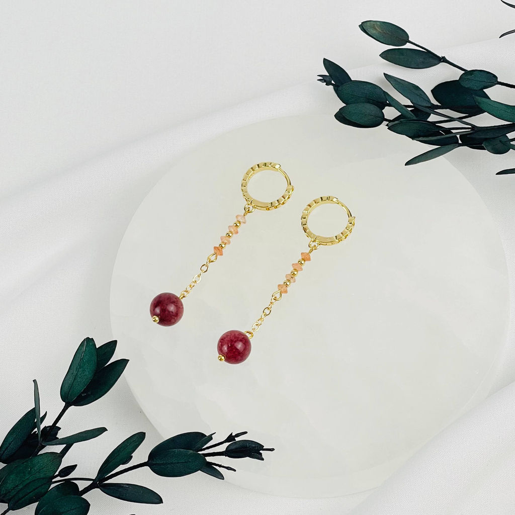 Серьги длинные из Клубничного кварца и Солнечного камня - Радуга самоцветов фото 2