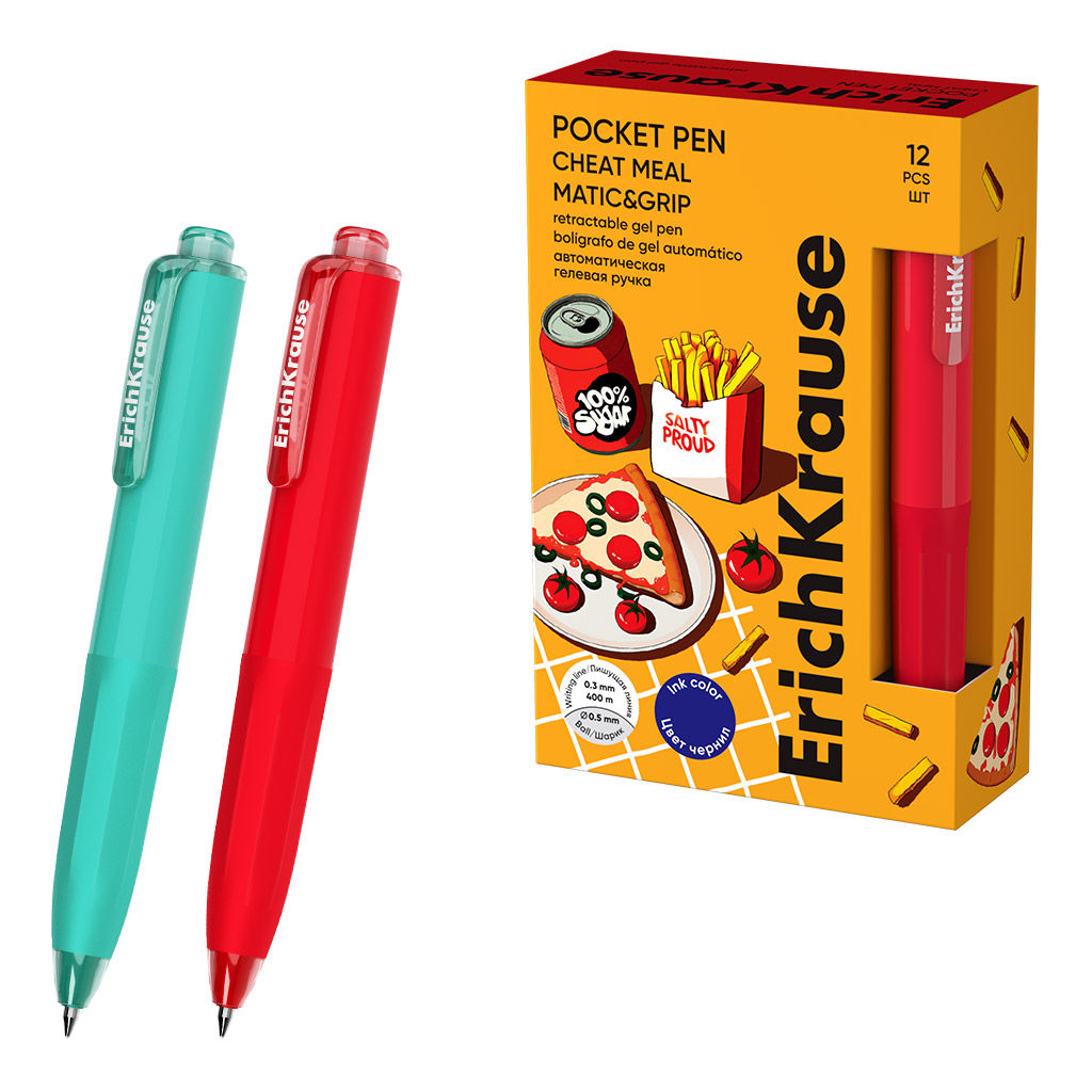 АКЦИЯ Цена за 12 шт. Ручка гелевая автоматическая ErichKrause Poсket Pen Matic&Grip Cheat Meal 0.5, цвет чернил синий (в коробке по 12 шт.)