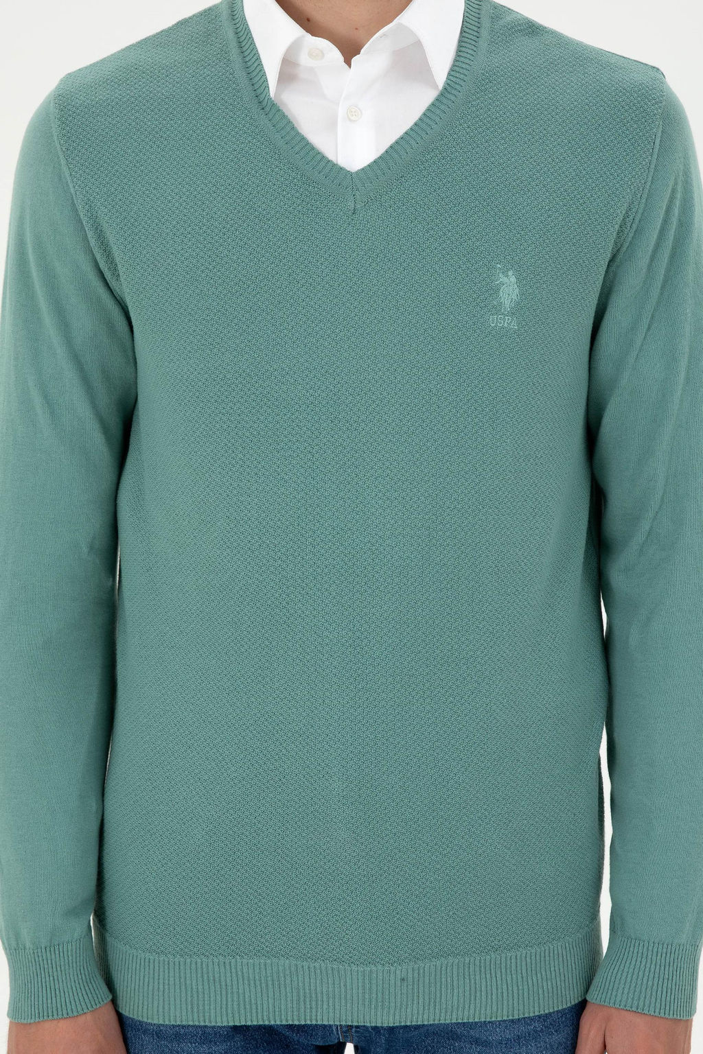 Erkek Slim Fit V Yaka Mint Basic Kazak
