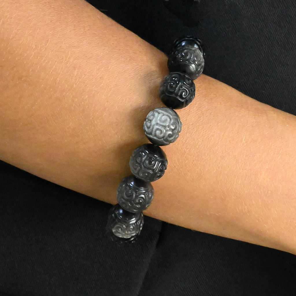 Браслет из Обсидиана шарик резной 14мм, 55г