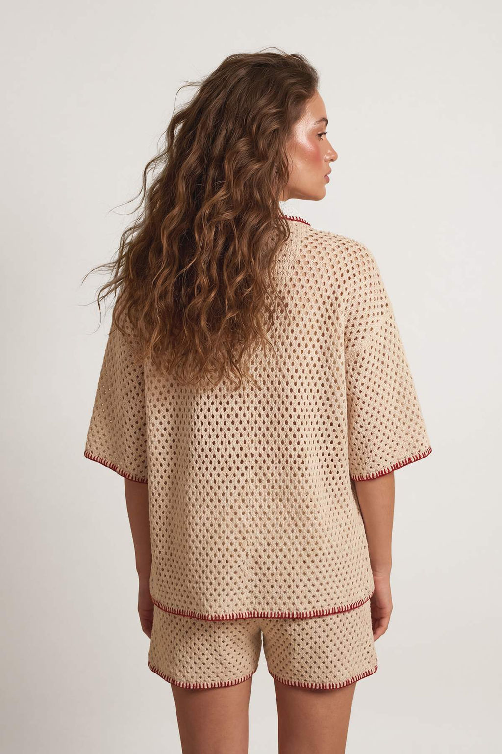 Ekru Triko Oversize Kiraz Motifli 100% Pamuk Plaj Gomlek Sort Tak?m TBESS26AU00009 - Trendyolmilla фото 3