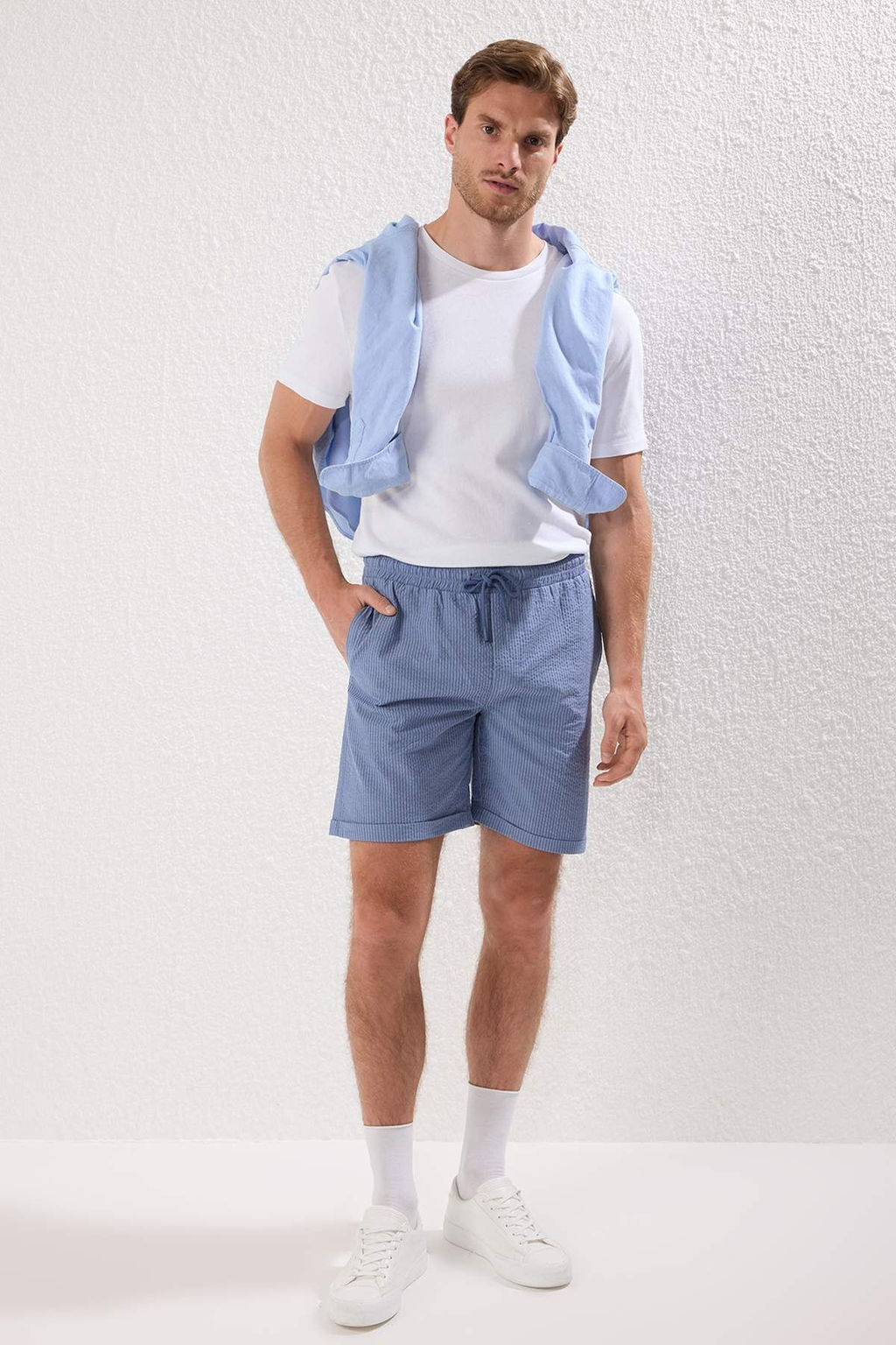 TRENDYOL MAN Mavi Regular Fit Gofre Dokulu Cizgili Yazl?k Sort & Bermuda TMNSS25SR00001 - Trendyolmilla фото 2