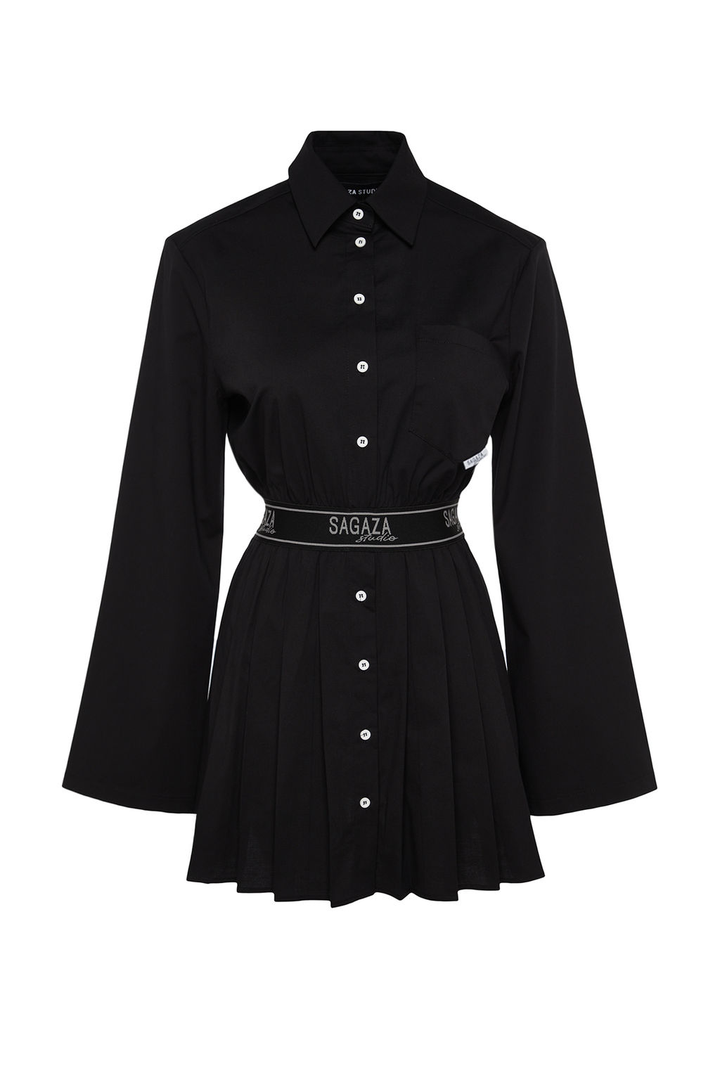 Trendyolmilla X Sagaza Studio Siyah Belden Ac?lan/Skater Beli Lastikli Piliseli Poplin Elbise TCLAW24EL00000
