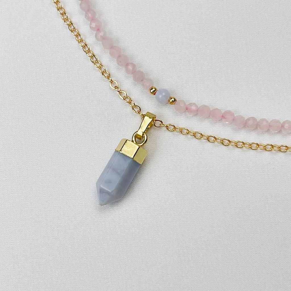 Колье двойное из Розового кварца и Голубого агата