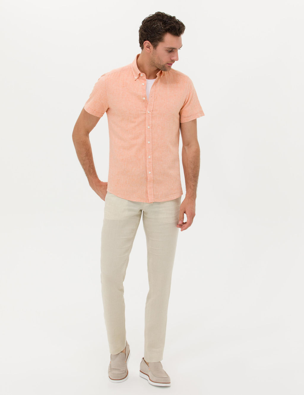 Turuncu Slim Fit Keten Kar___ml_ K_sakol G_mlek