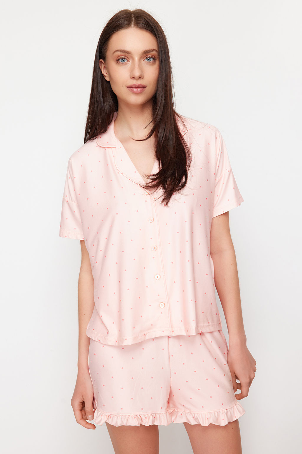 Trendyolmilla Somon Puantiyeli F?rf?r Detayl? Sortlu Orme Pijama Tak?m? THMSS24PT00284  фото 9