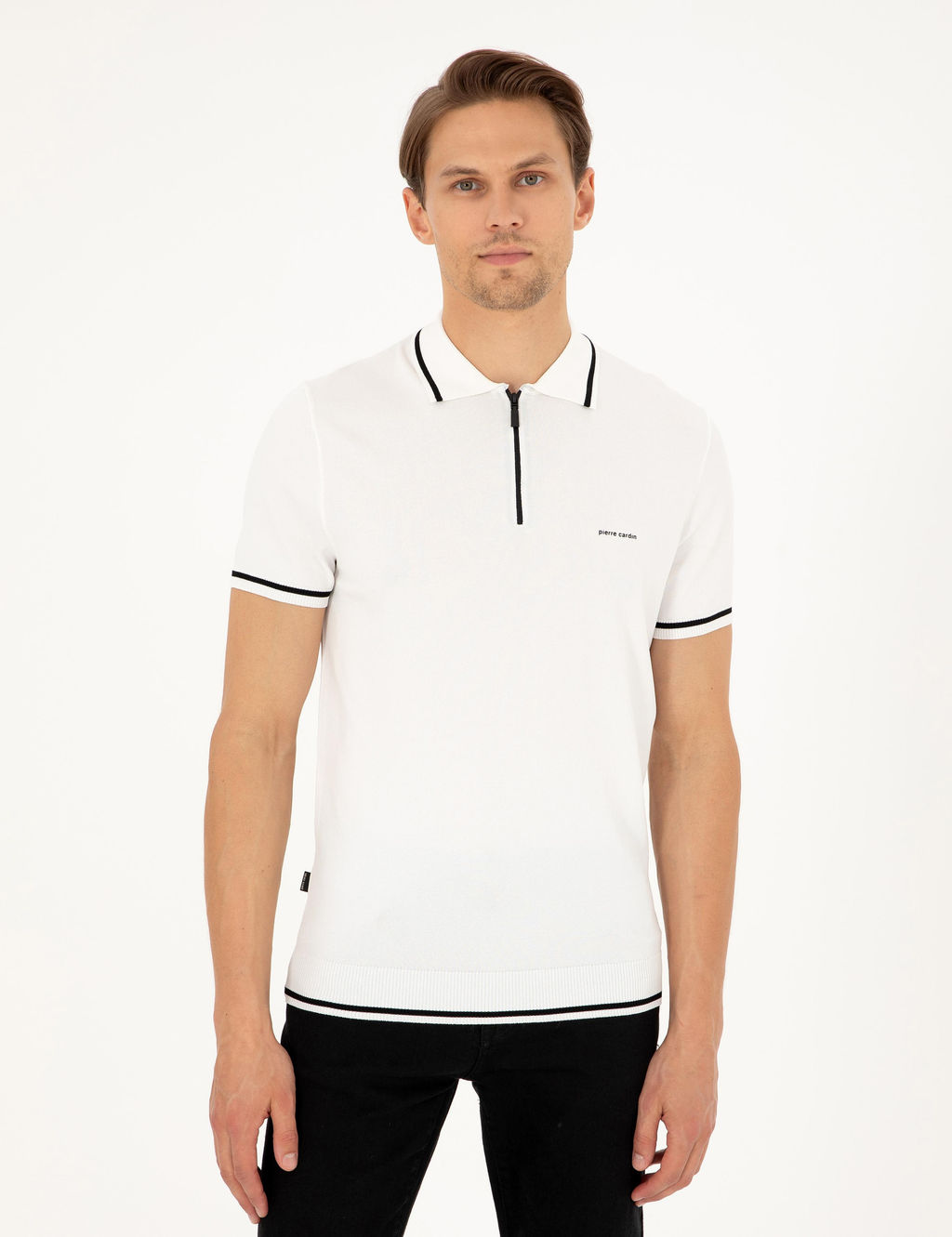Ekru Slim Fit Fermuarl_ Polo Yaka Y_n Kar___ml_ Triko Ti__rt