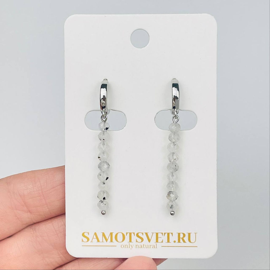 Серьги длинные из Лунного камня с включением Турмалина