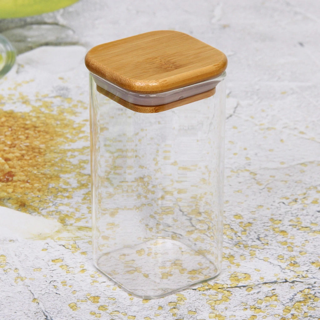 Цена за 2 шт. Банка для продуктов стеклянная 300мл "Хай-Тек" с бамбуковой крышкой, квадратная 6*12см