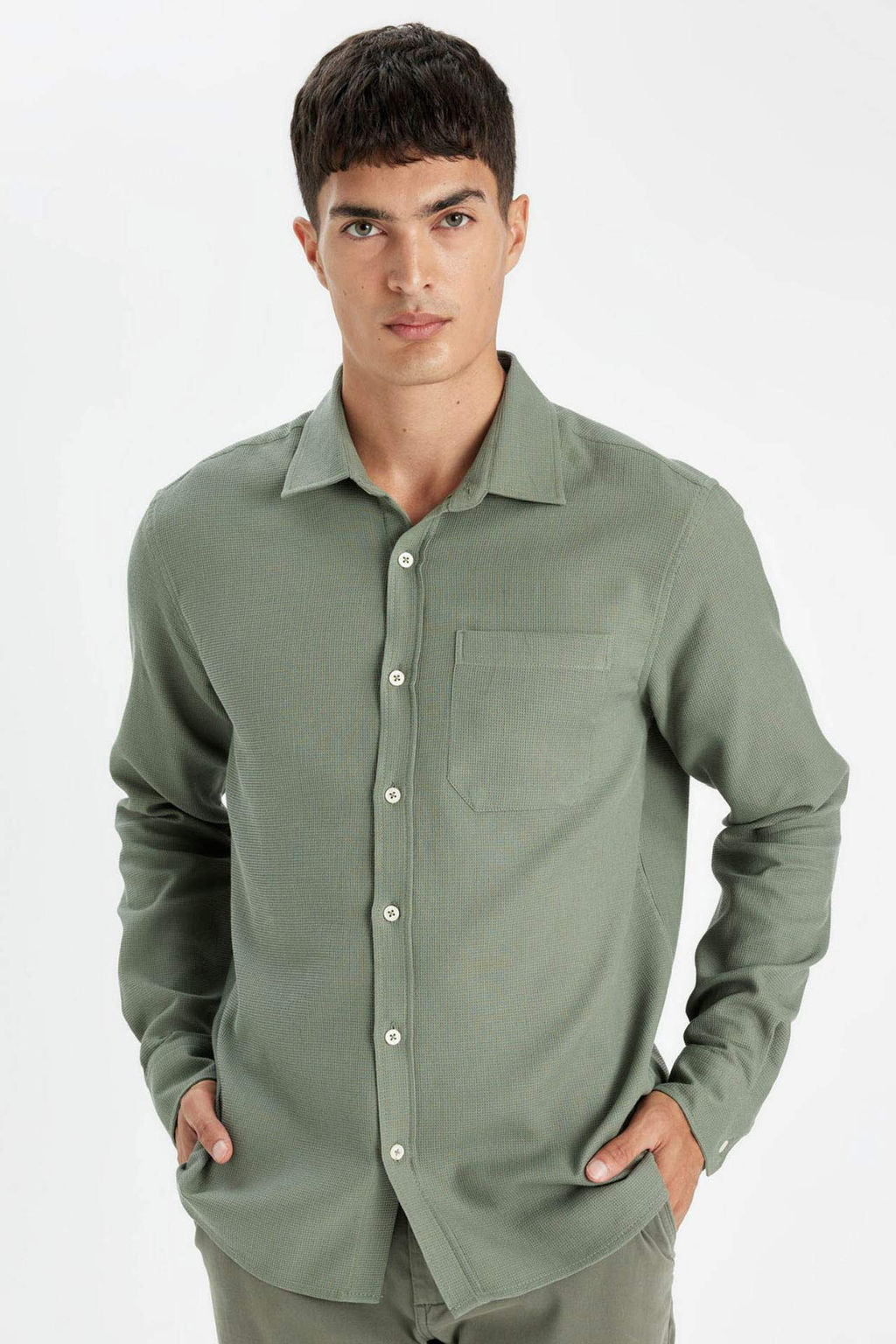 Gri Regular Fit Polo Yaka Basic Duz Pamuklu Uzun Kollu Gomlek - Defacto фото 2