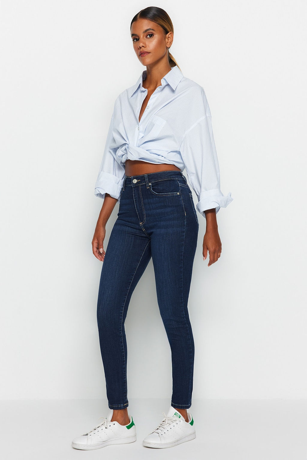 TRENDYOLMILLA Koyu Mavi Sekillendiren Etki Yuksek Bel Skinny Jeans TWOAW24JE00070  фото 3