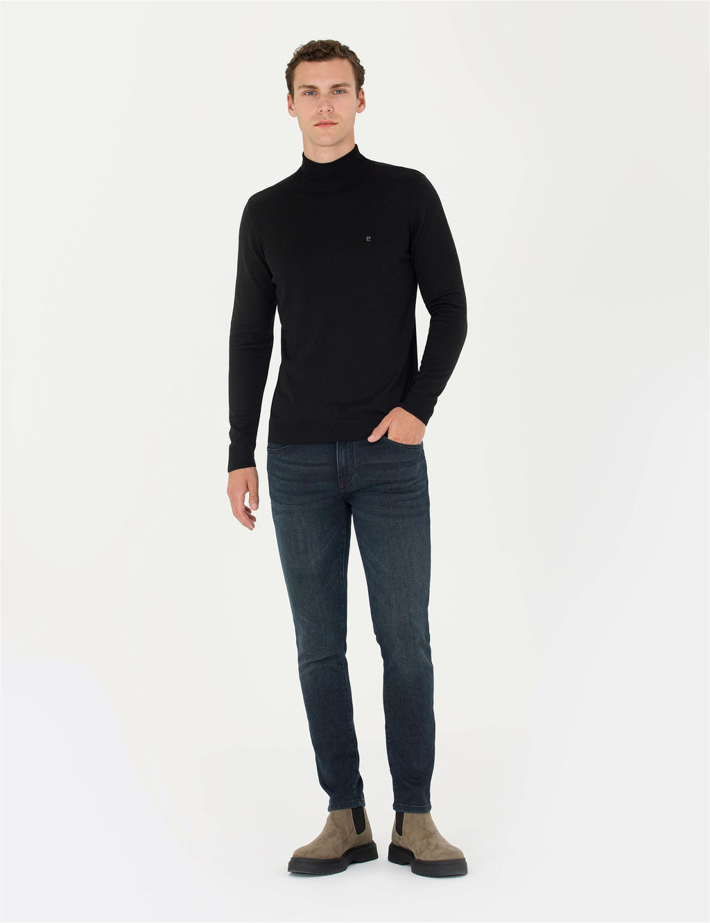 Siyah Slim Fit Yar_m Bal_k__ Yaka Basic Triko Kazak
