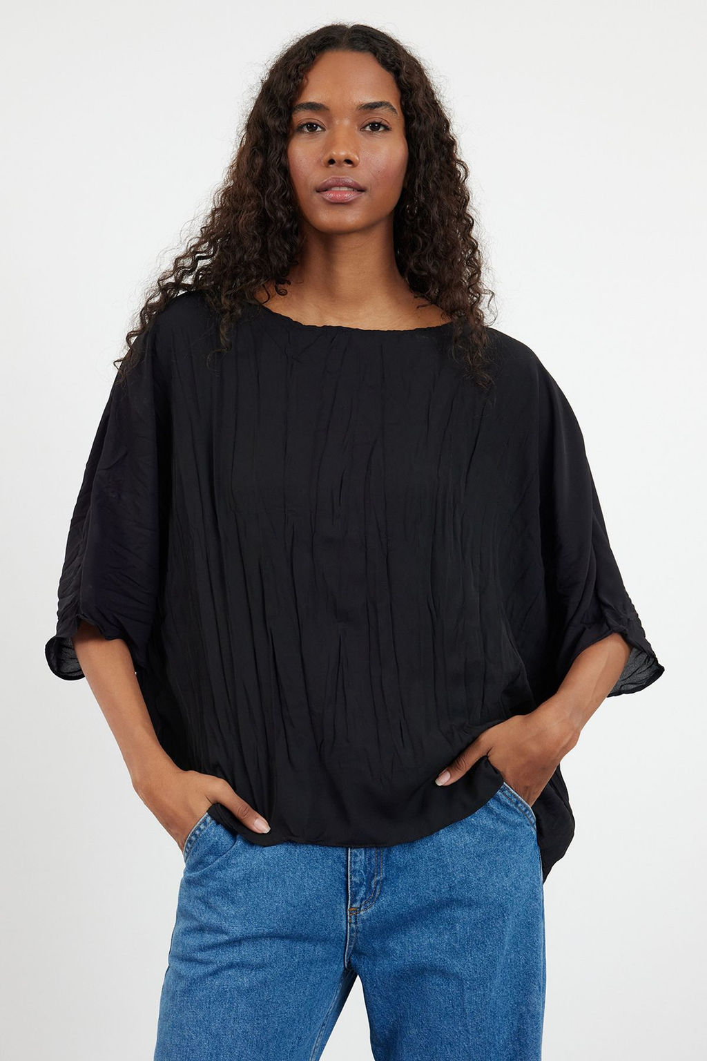 Siyah K?r?s?k Efektli K?sa Kollu Dokuma Bluz TWOAW25BZ00051 - Trendyolmilla фото 2