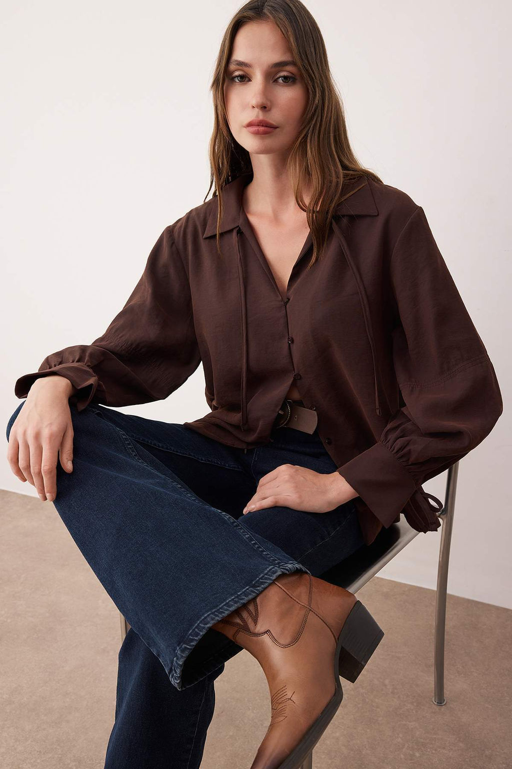 Sustainable Koyu Kahverengi Boho Modal Baglama Detayl? Oversize Modal Gomlek TWOAW26GO00080