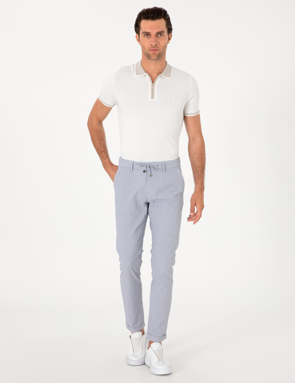 A__k Mavi Slim Fit Gofreli Beli Ba_c_kl_ Spor Pantolon