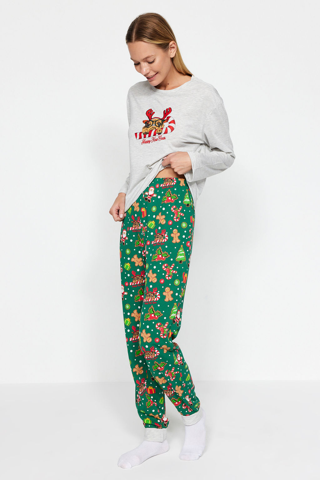 Gri Melanj %100 Pamuklu Y?lbas? Temal? Orme Pijama Tak?m? THMAW24PT00058