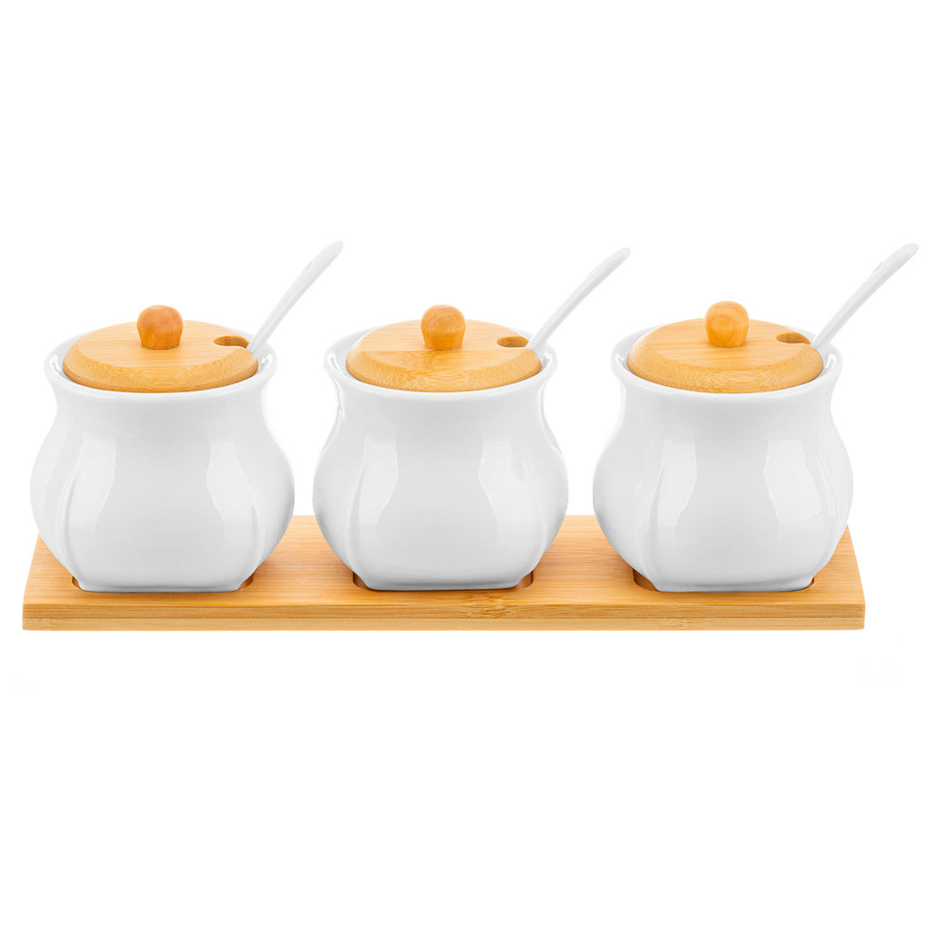 Набор 3 банок д/специй 200 мл "Тюльпан" + 3 ложки + 3 крышки на дер. подставке