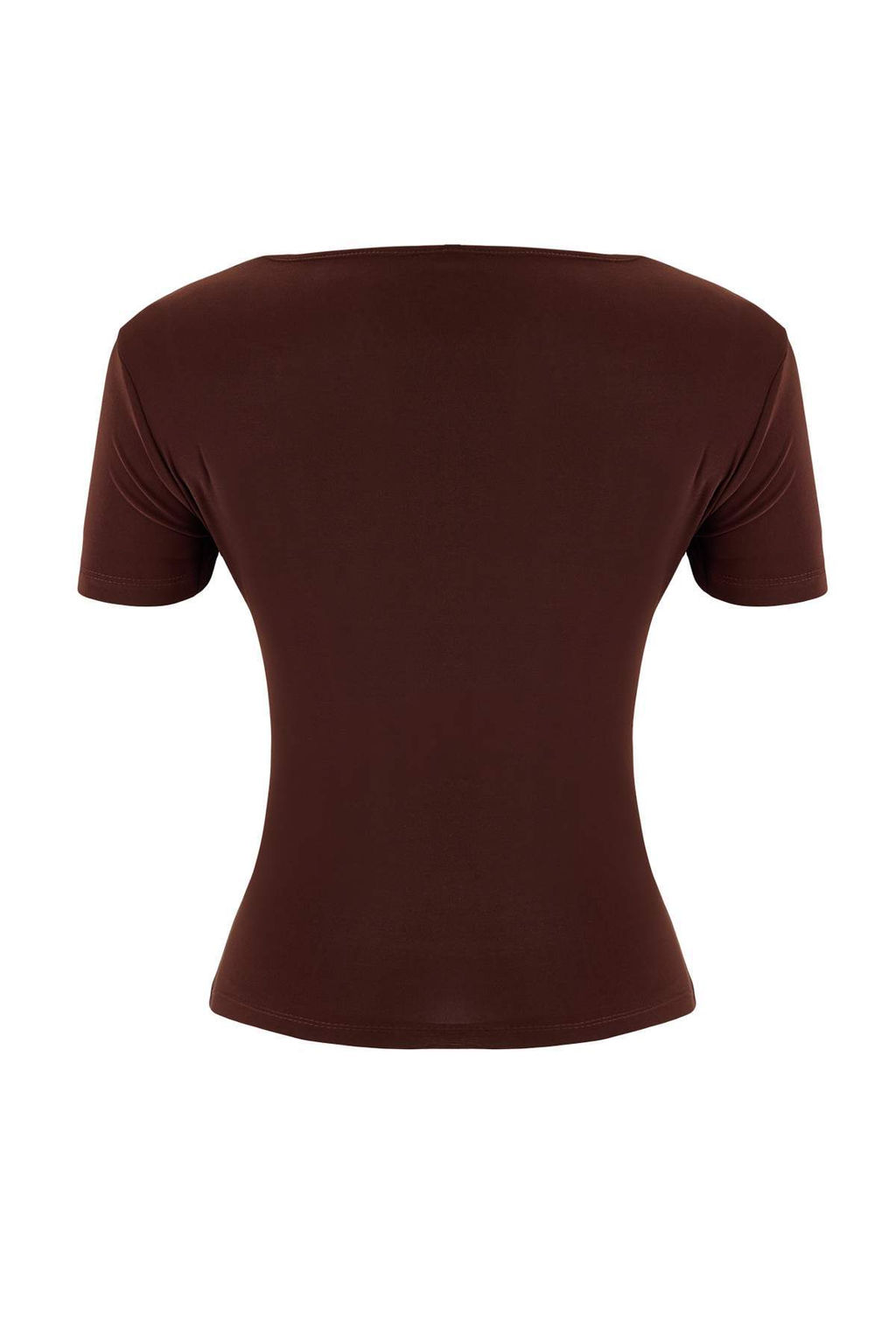 Kahverengi Fitted/Vucuda Oturan K?sa Kollu Yumusak Orme Bluz TWOSS26BZ00016