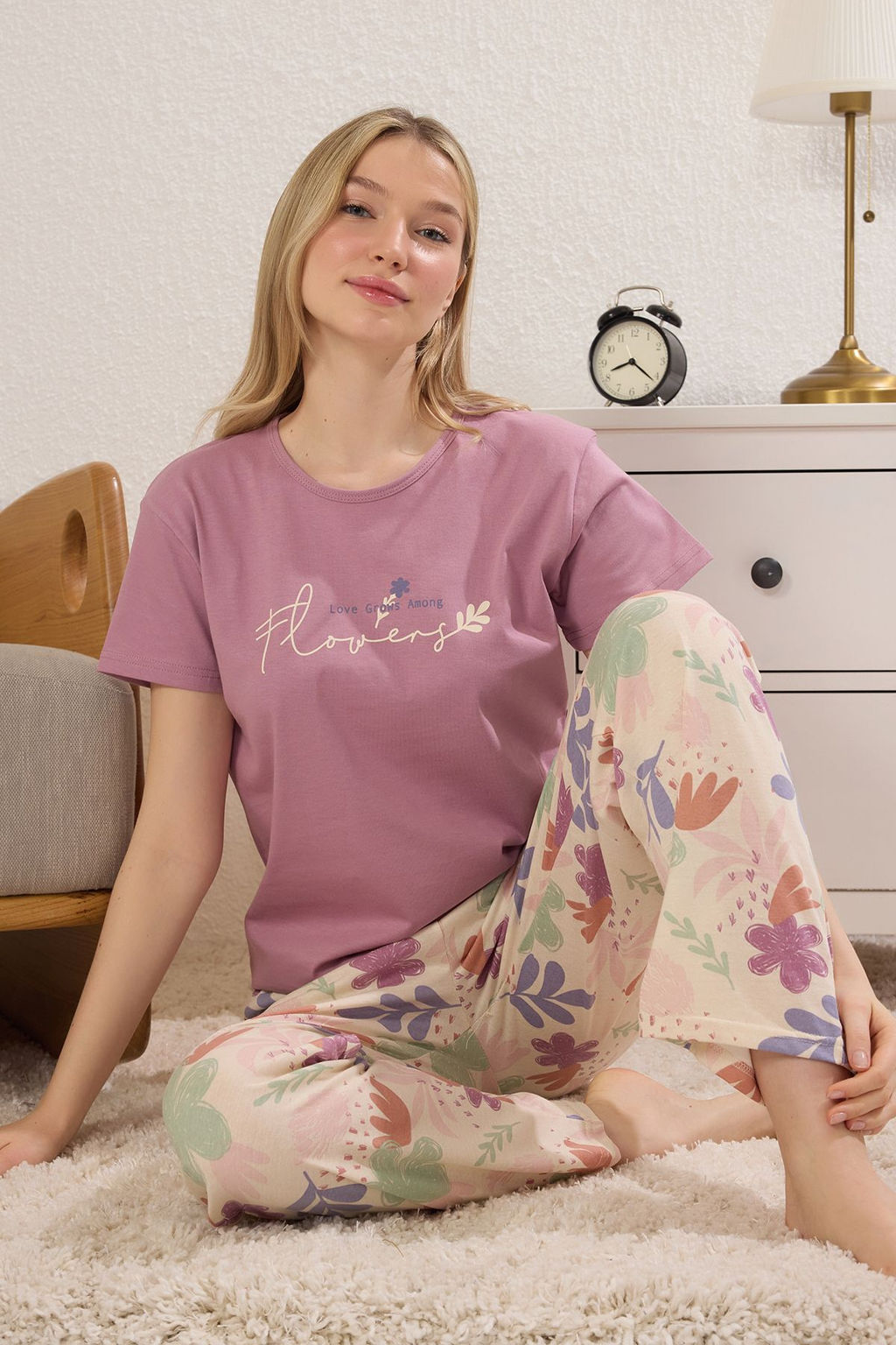 Trendyolmilla Pembe %100 Pamuklu Cicekli Sloganl? Orme Pijama Tak?m? THMSS25PT00378  фото 6