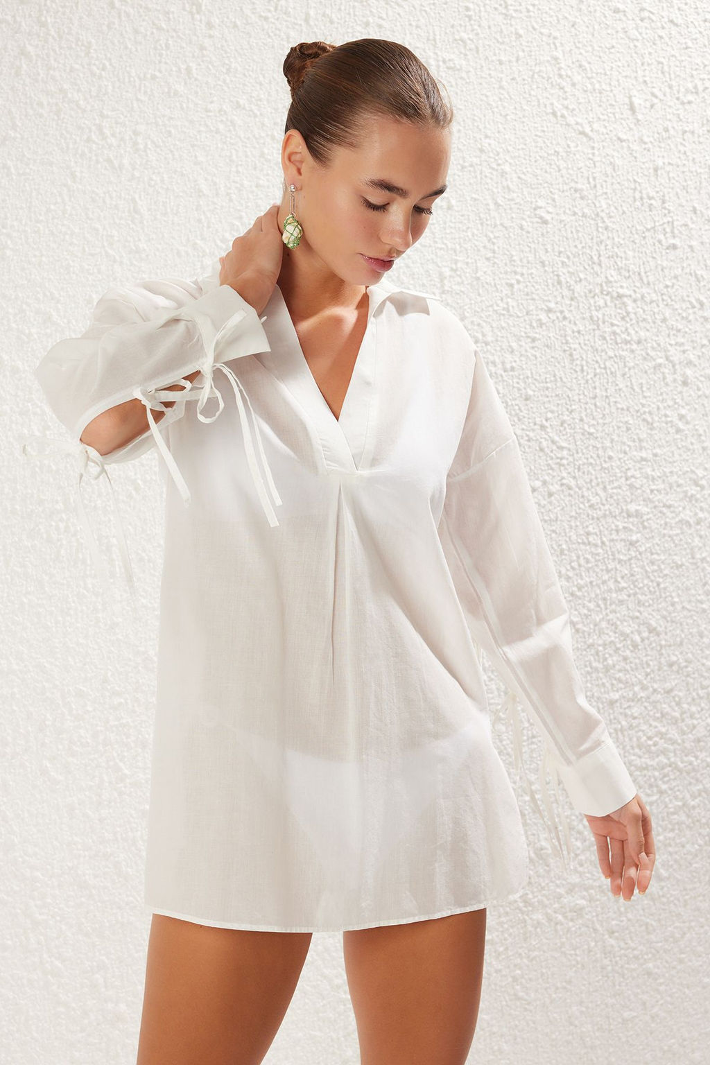 TRENDYOLMILLA Mavi Dokuma %100 Pamuk Baglamal? Plaj Gomlegi TBESS25GO00004 фото 11