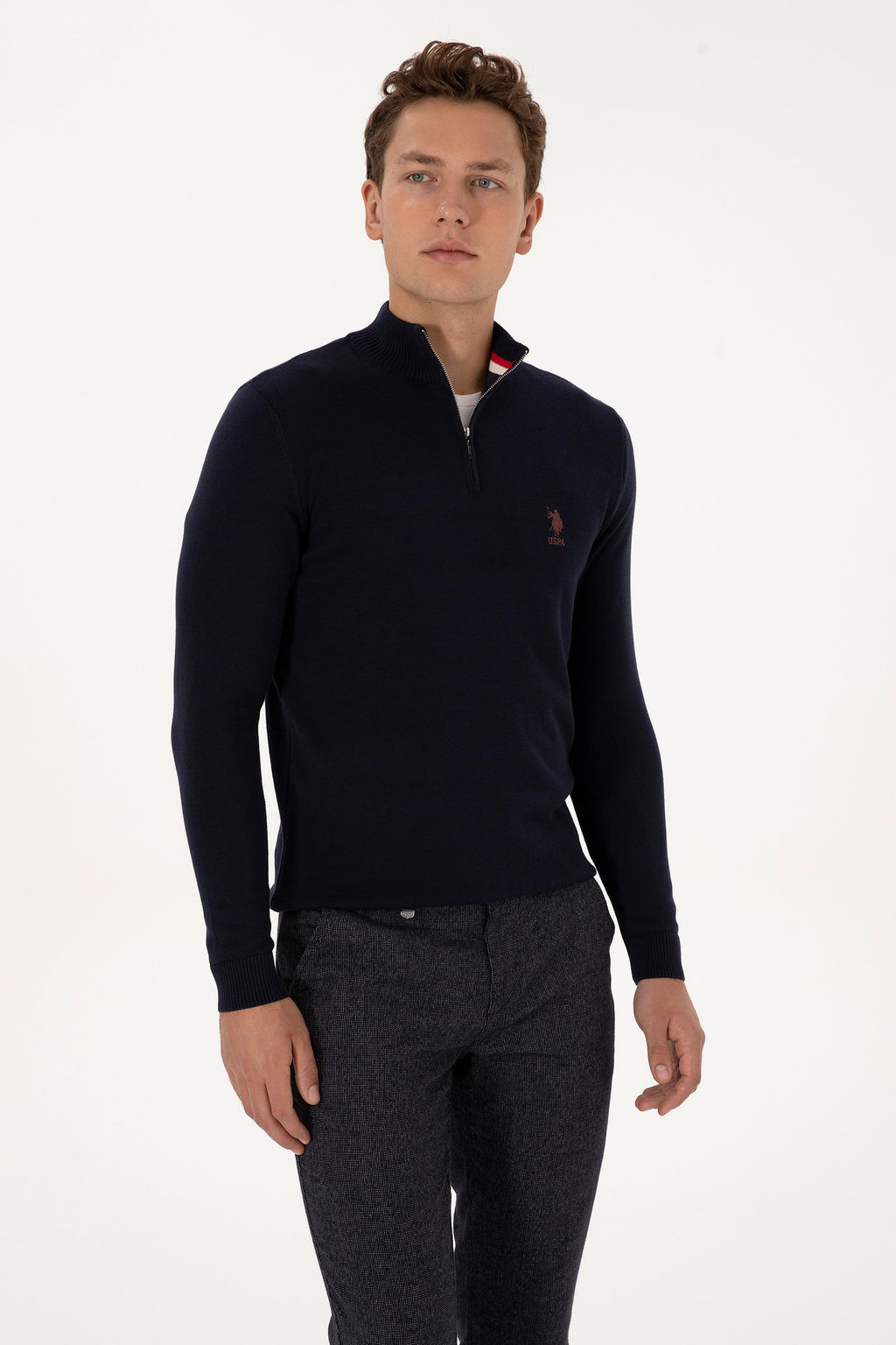 Erkek Slim Fit Yar_m Fermuarl_ Lacivert Kazak