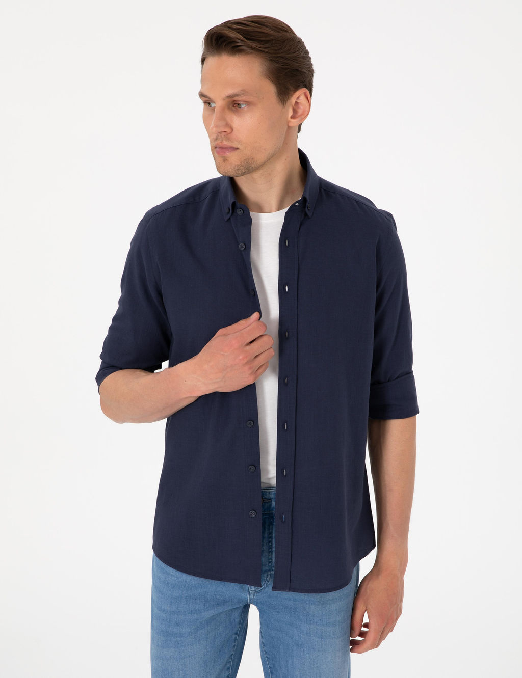 Koyu Lacivert Keten G_r_n_ml_ Slim Fit Uzun Kollu G_mlek