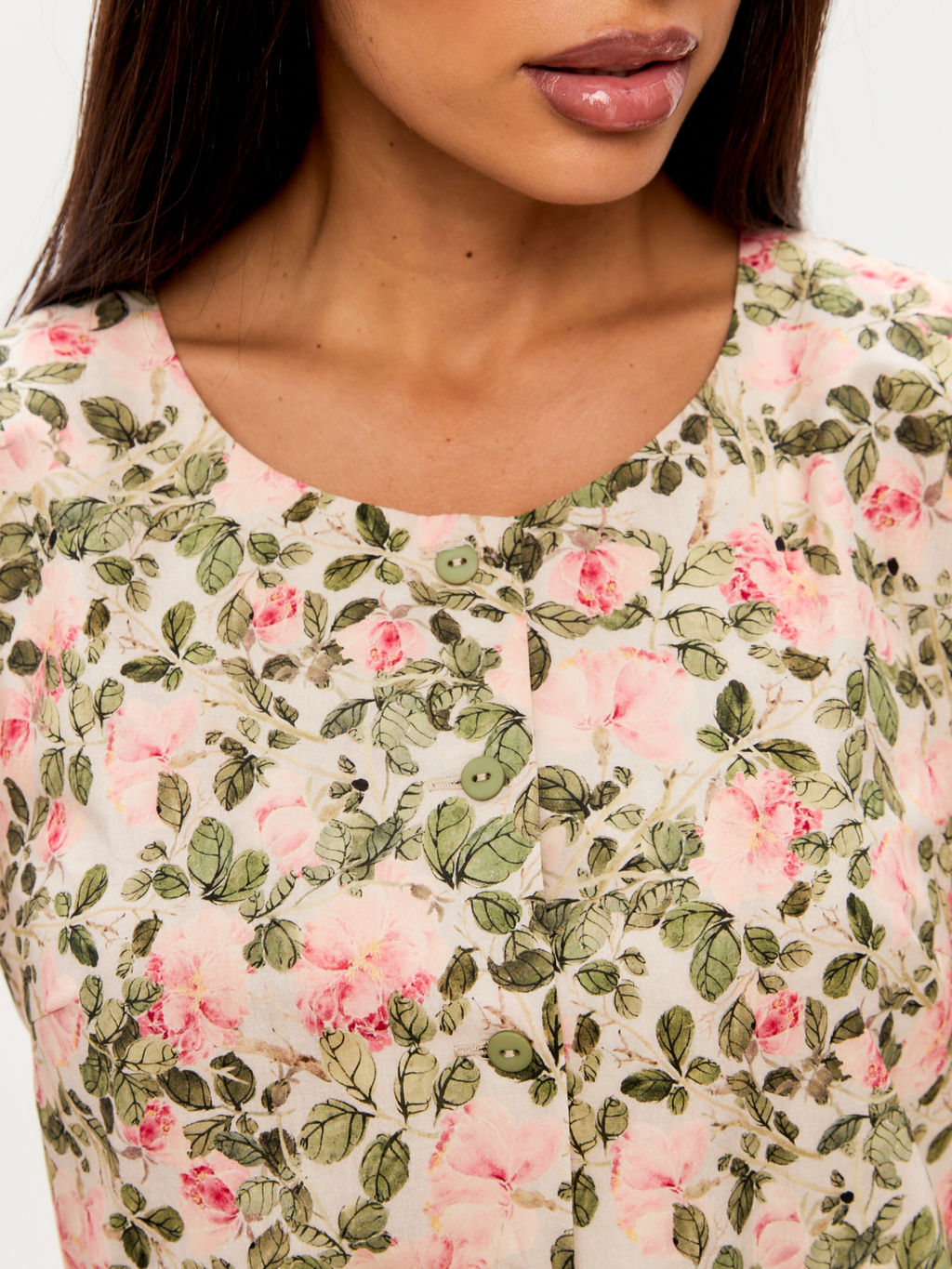 Платье из хлопка без воротника OD-727-13 розовые цветы зеленые листья