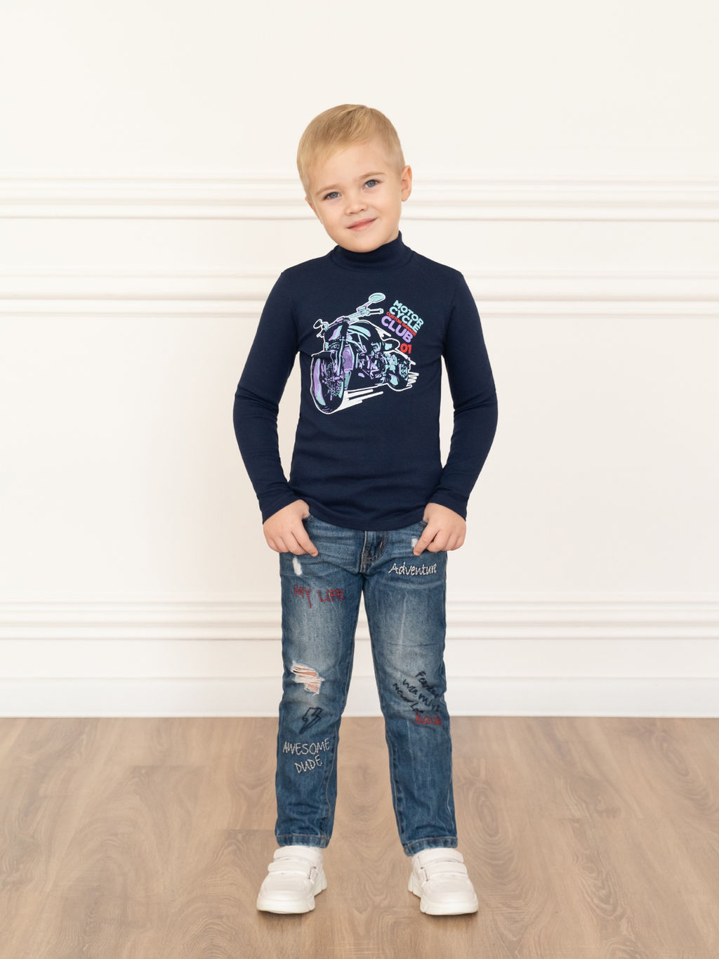 Джемпер-водолазка темно-синяя рисунок мотоцикл 645п (128, 64)