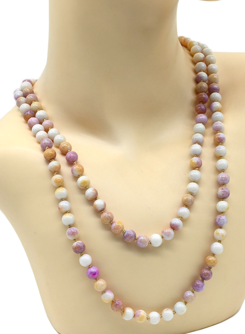 Бусы длинные из камня кальцит шарик 8мм цв.лавандово-молочный, 110см