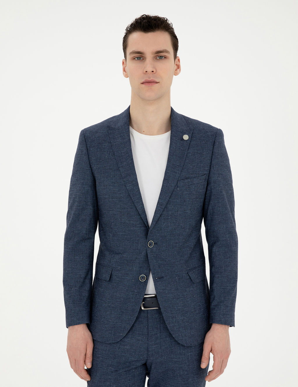 Lacivert Extra Slim Fit Y_n Keten Kar___ml_ Tak_m Elbise