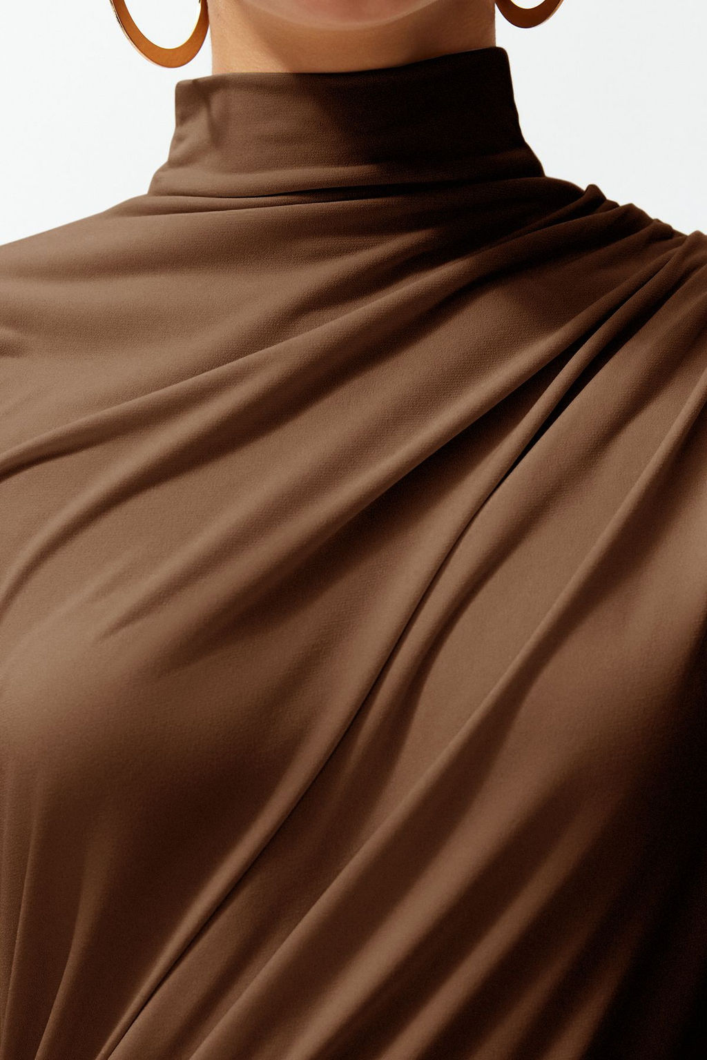 Kahverengi Drape Detayl? Fitted/Vucuda Oturan K?sa Kollu Dik Yaka Esnek Orme Bluz TWOSS24BZ00426