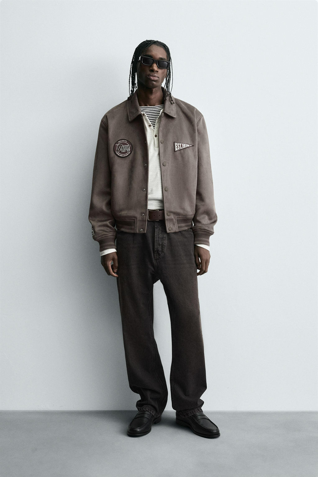 FAUX SUEDE JACKET WITH PATCH AND EMBROIDERY DETAIL