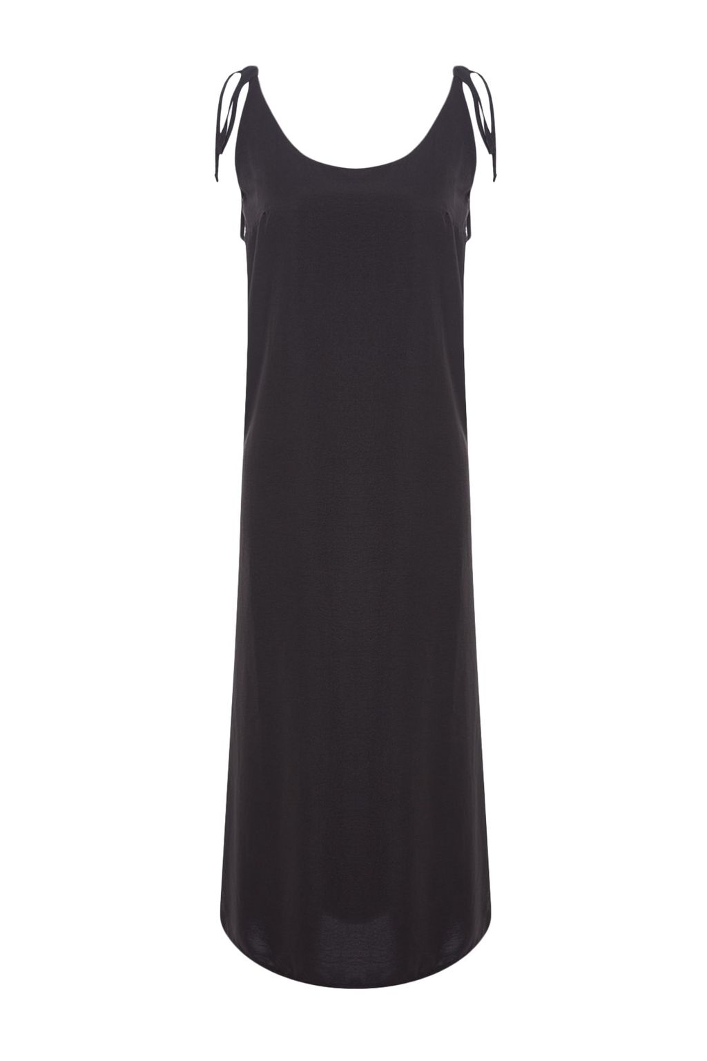 Siyah Duz Kesim Y?rtmacl? Ask?l? Midi Dokuma Elbise TWOSS23EL00413