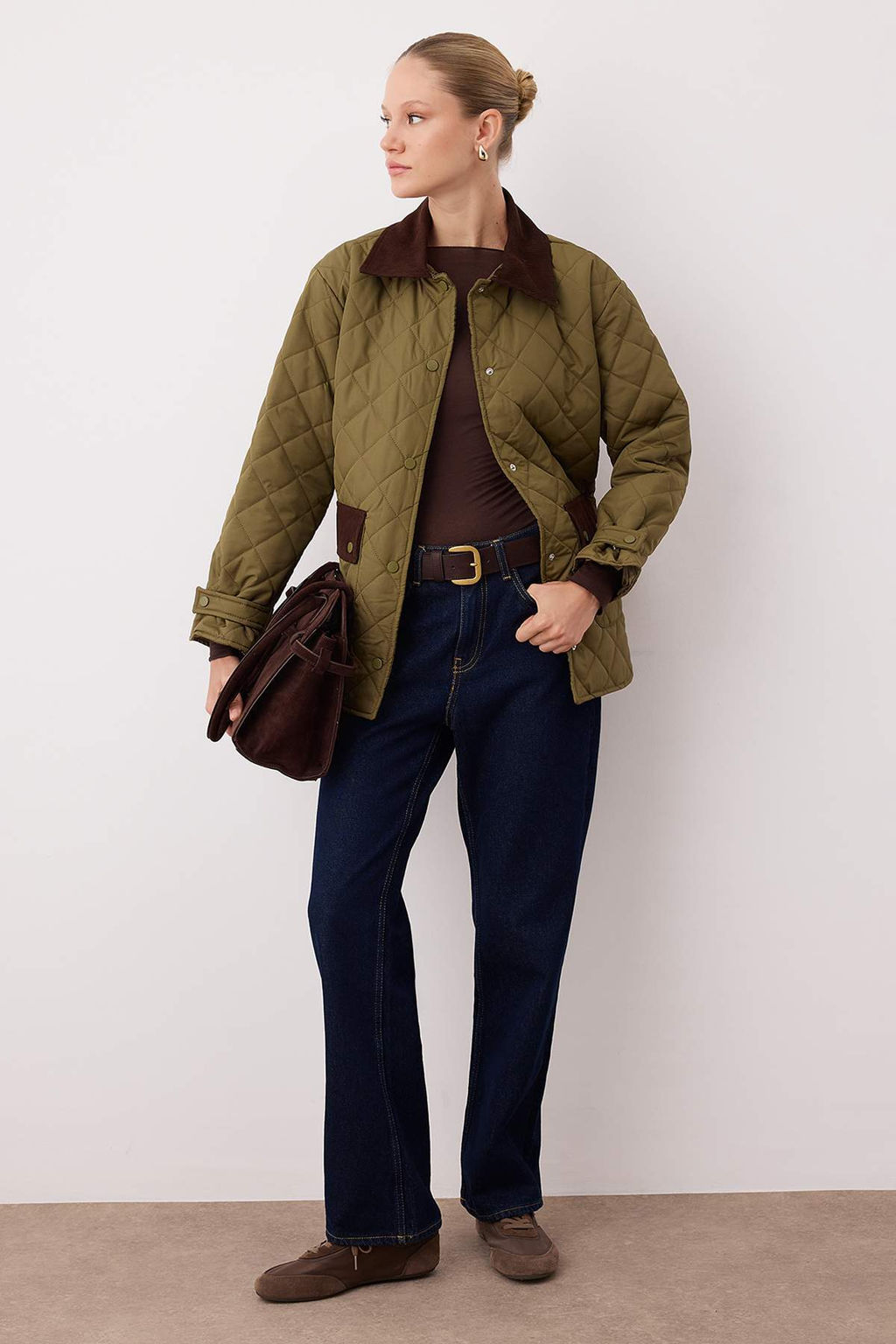 Koyu Haki Oversize Kal?p Yakas? Kadife Detayl? Kapitone Mont TWOAW26MO00139 - Trendyolmilla фото 3