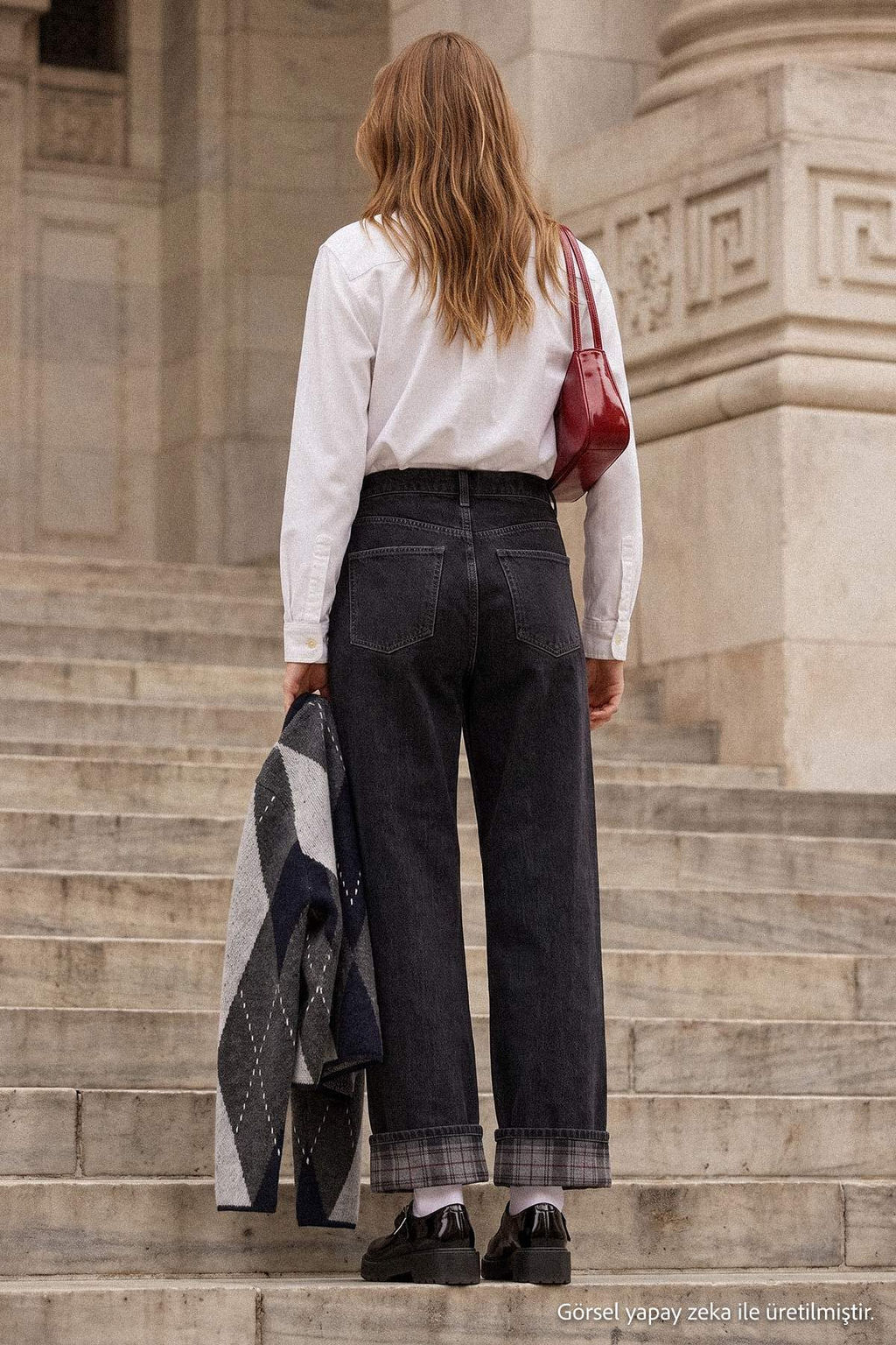 Antrasit %100 Pamuk Pa_a Ekose Detayl_ Y_ksek Bel Wide Leg Jeans TWOAW27JE00015 - Trendyolmilla фото 5