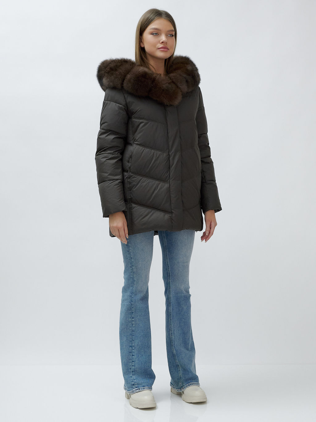 с МЕХОМ ПЕСЕЦ ПРЕМИУМ класса Полупальто зимние темно-коричневого цвета - Mtforce фото 12