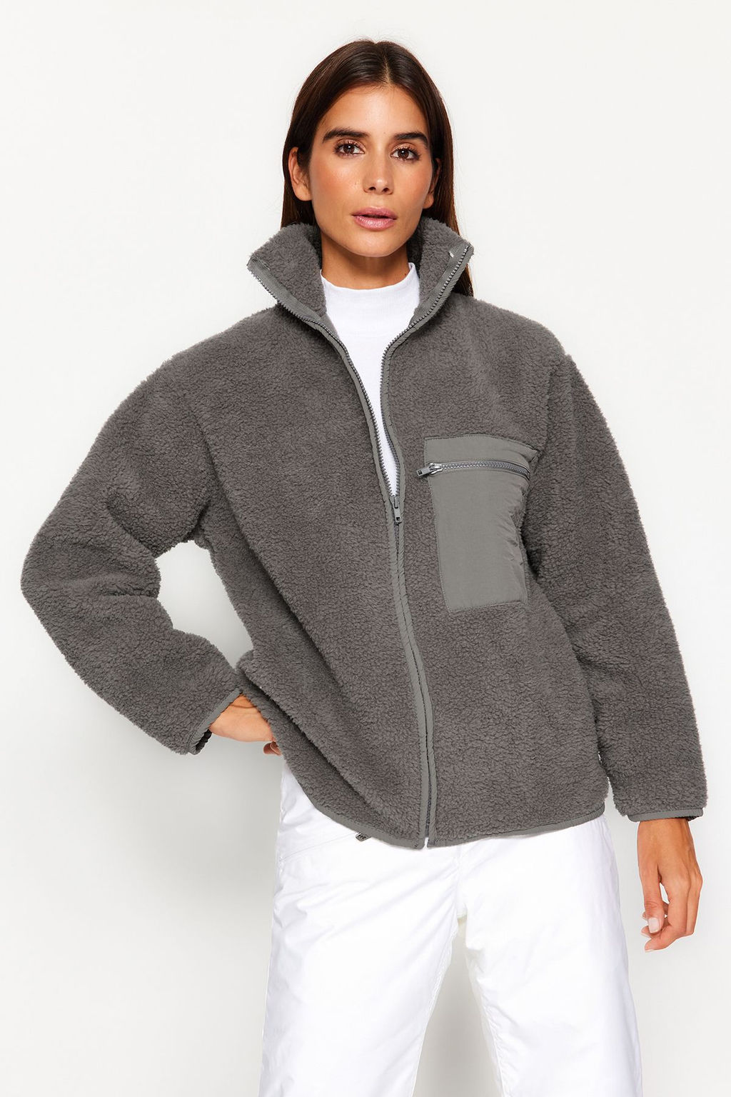 Winter Essentials Antrasit Kal?n Polar Fermuarl? Dik Yaka Cepli Orme Sweatshirt TWOAW24SW00071