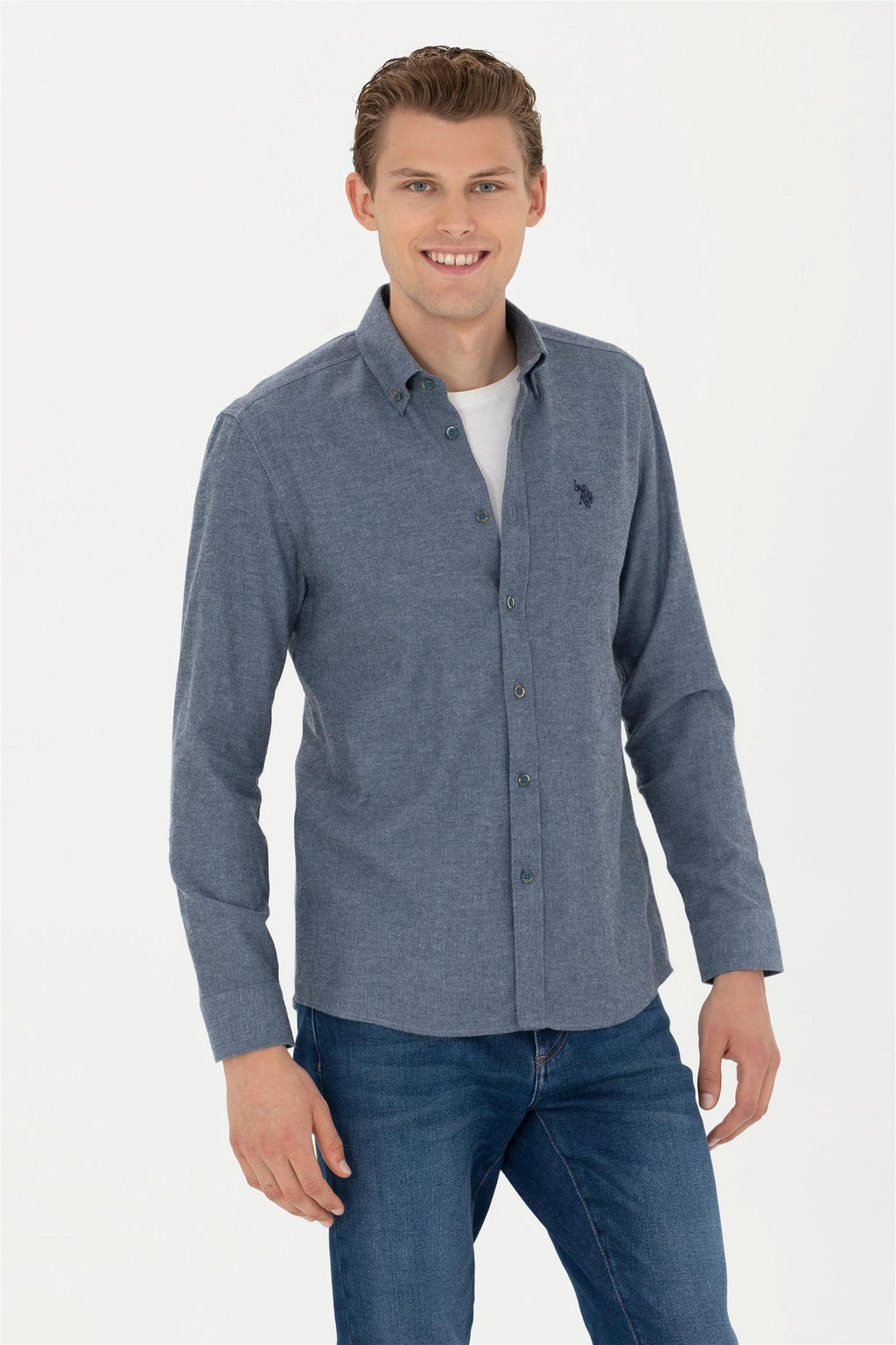 Мужская базовая рубашка цвета индиго с длинным рукавом - U.s. polo assn фото 3