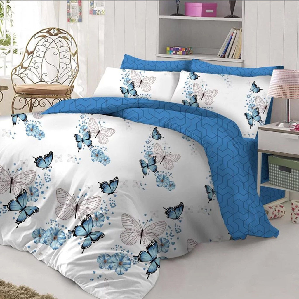 Постельное белье, комплект Дуэт (семейный) Бабочки модерн, 7 предметов: 2 пододеяльника на пуговицах 145х215см, евро-простыня на резинке 160х200х27см, 2 наволочки 50х70см французский кант, 2 наволочки 70х70см, с клапаном-запахом, поплин Премиум - Домашняя мода фото 2