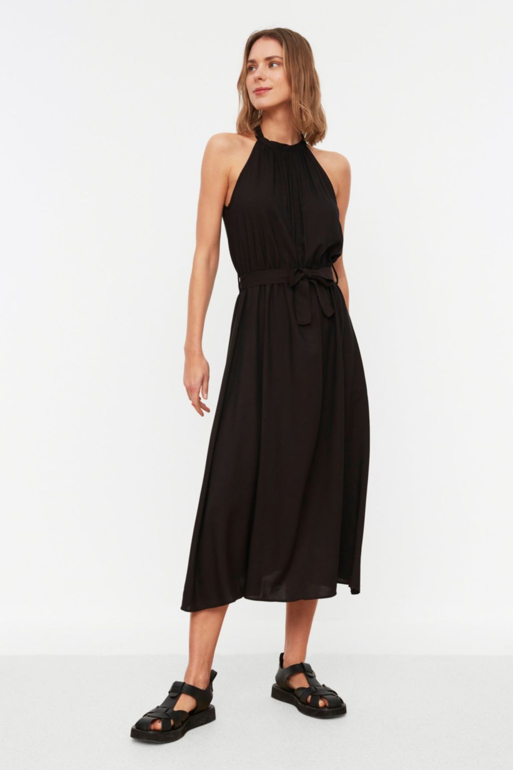 TRENDYOLMILLA Ac?k Kahverengi Kusakl? Duz Beli lastikli Kusakl? Midi Dokuma Elbise TWOSS19EL0155  фото 10