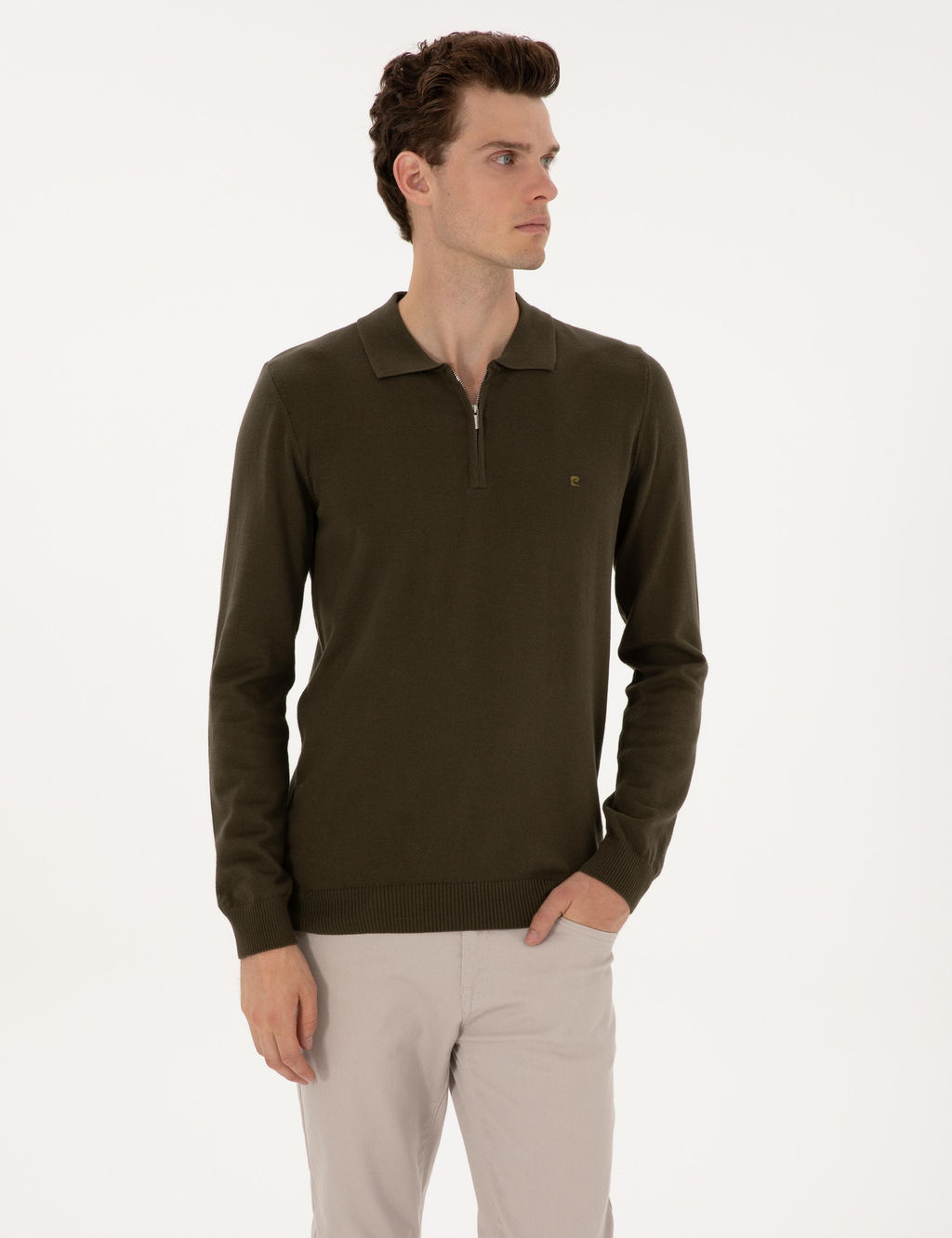 Haki Slim Fit Polo Yaka Fermuarl_ Basic Triko Kazak - Pierre cardin фото 3