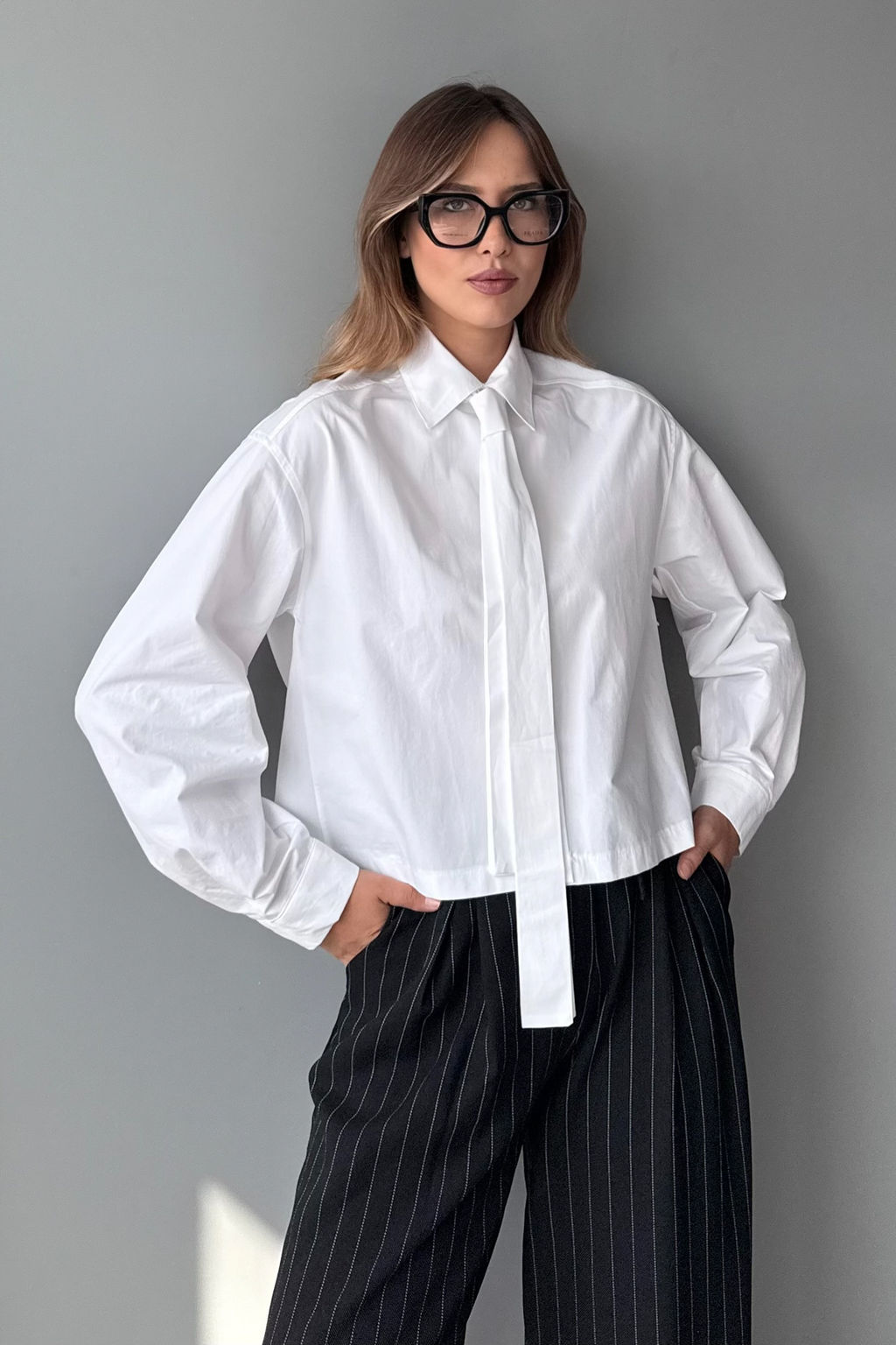 Kahverengi Fular Detayl? Hafif Crop Dokuma Gomlek TWOAW26GO00119 - Trendyolmilla фото 5