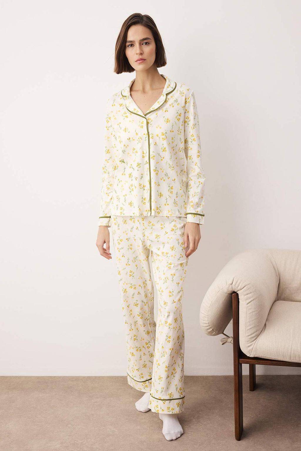 Trendyolmilla Pembe %100 Pamuklu Cicekli Biyeli Orme Pijama Tak?m? THMAW25PT00202  фото 14
