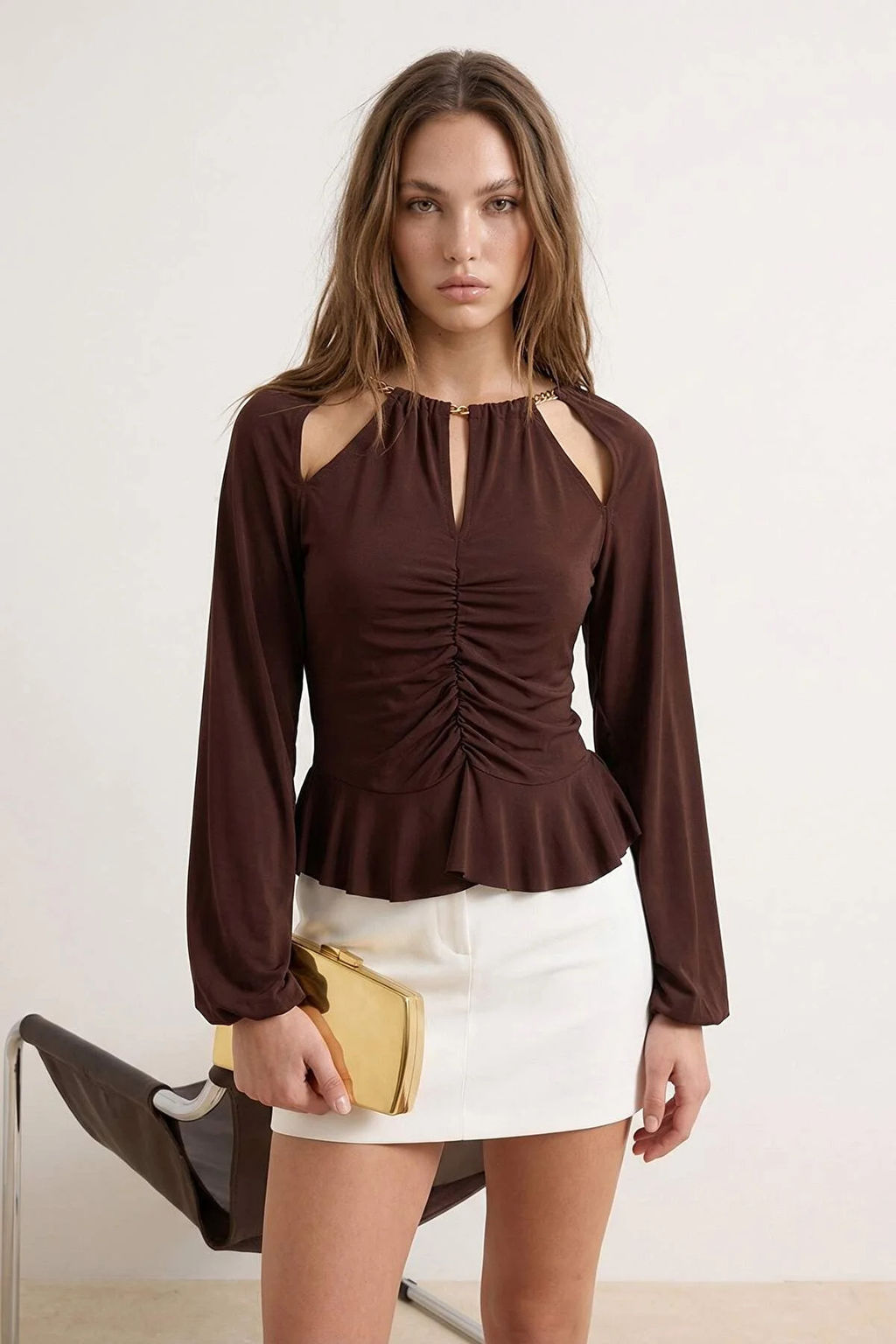 Koyu Kahverengi Pencere/Cut Out Detayl? Aksesuarl? Orme Bluz TPRAW24BZ00053