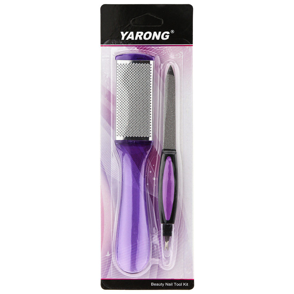 Педикюрный набор 2 предмета: пилка металлическая с триммером; терка двусторонняя: наждачная, металлическая, цвета в ассортименте: розовый, голубой, фиолетовый, в блистере (Китай) - Домашняя мода фото 3