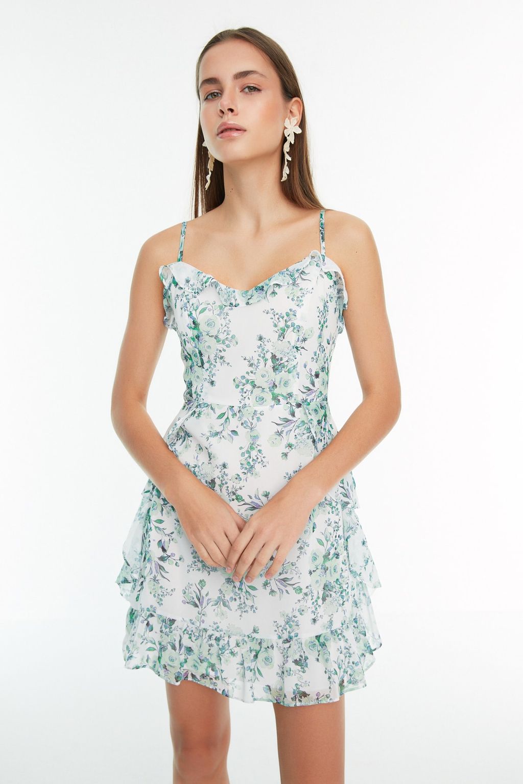 TRENDYOLMILLA Mint Cicek Desenli A Kesim Mini Astarl? Volanl? Dokuma Elbise TWOSS20EL1267