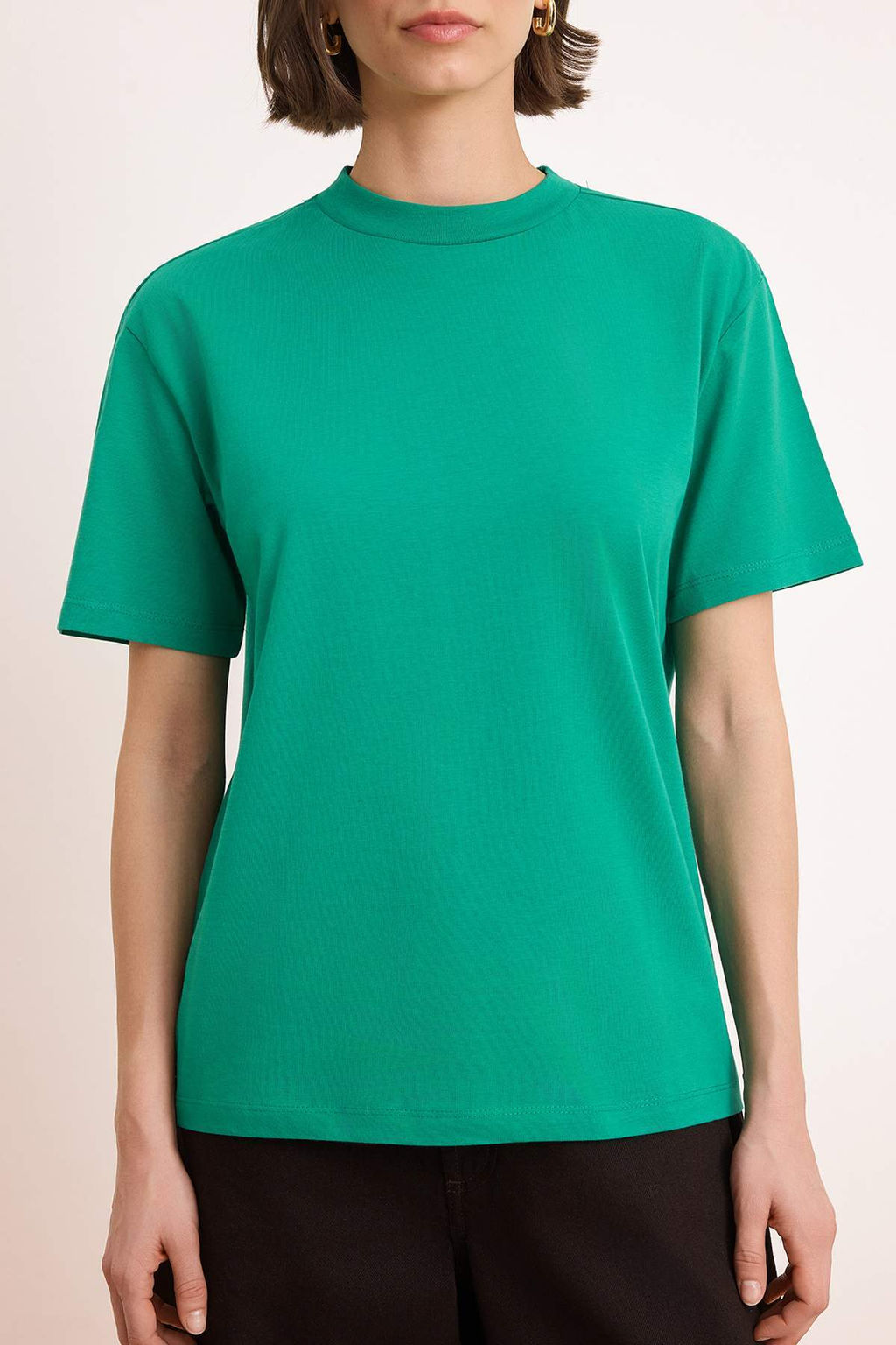 Yesil %100 Pamuk Basic Regular/Normal Kal?p Dik Yaka Orme T-Shirt TWOAW20TS0096