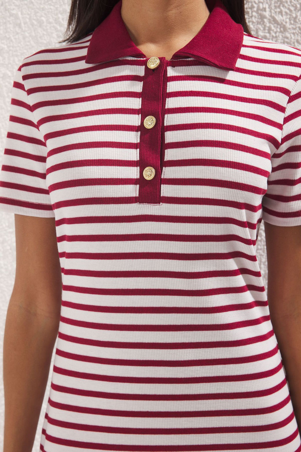 Bordo Cizgili Polo Yaka Midi Esnek Orme Elbise TWOSS25EL00360